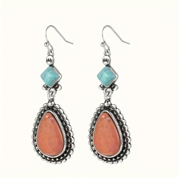 Vintage Waterdrop Shaped Orange and Turquoise Stone Dangle Earrings - Picture 2 of 5